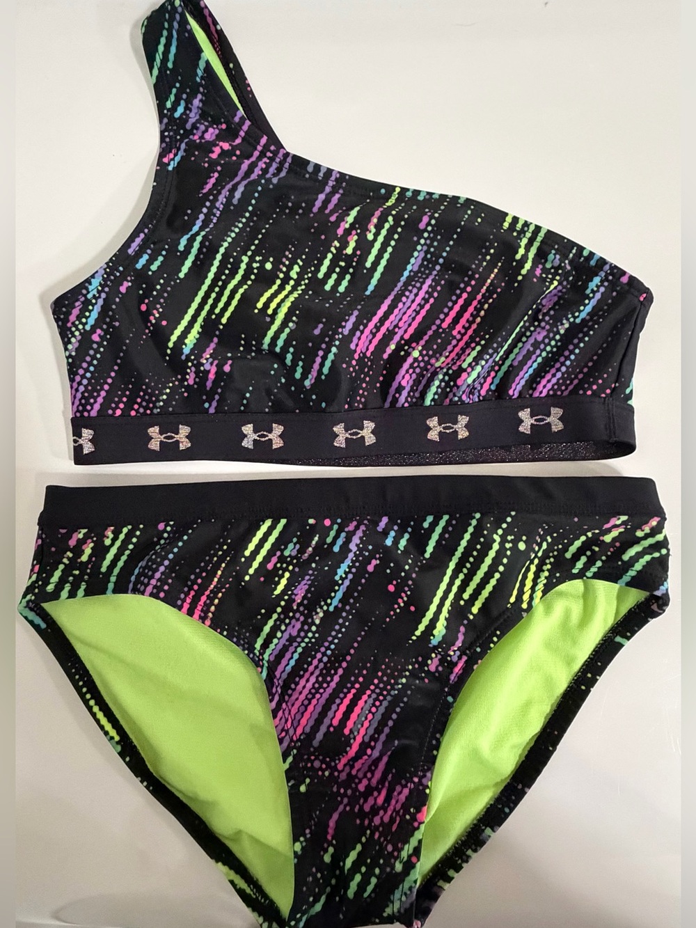 Under Armour Black Neon Splash One-Shoulder Swim Set Size 12 NWOT